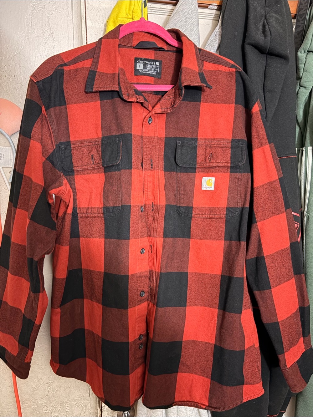 Carhartt Men’s Red and Black Buffalo Plaid Button-Down Shirt